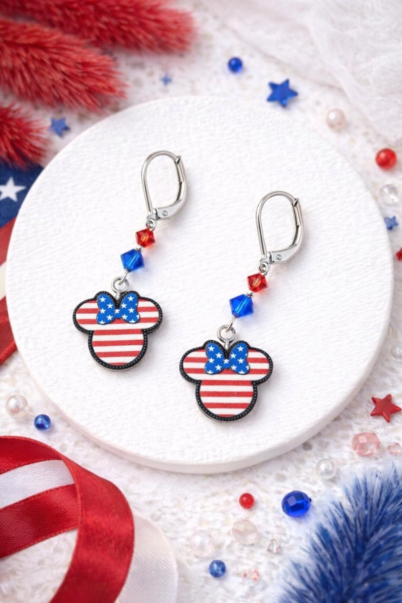 Minnie Mouse 4th of July Earrings: Red, White & Blue Dangle Earrings R,W,B-Lever Back