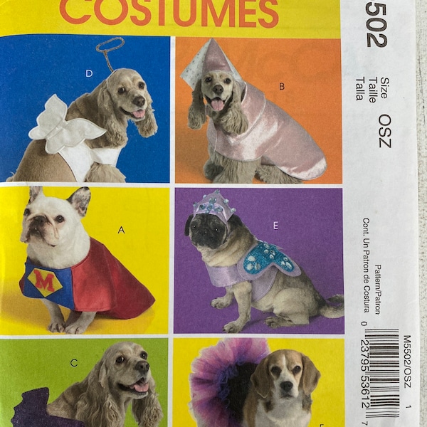 McCalls Costumes M5502 dog costumes uncut / 2007 item 53612 / dog pet costumes / super hero cape, princess, ballerina size OSZ xs s m l