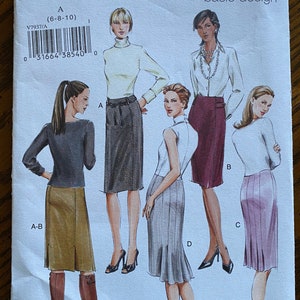 May include: Vogue basic design sewing pattern for a skirt, pattern number V7937, sizes 6-8-10. The pattern shows four different skirt styles, including a pleated skirt, a wrap skirt, and a straight skirt.