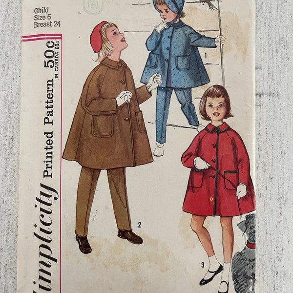 Simplicity 3654 uncut vintage child pattern size 6 breast 24 / 1960s / child's coat, tapered pants and hat / Simplicity