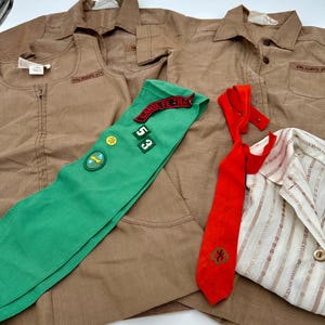 Vintage Official Girl Scout Brownie Collared Dresses Uniform 1970s plus Brownie Jumper, Brownie Button Up Shirt and Girl Scout sash original