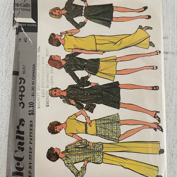 McCalls 3489 vintage pattern size 18 bust 40 / 1973 / Misses' Shirt-Jacket, Top, Skirt and Pants / Step by Step McCall's Pattern mcm mod