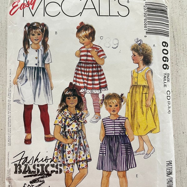 McCalls 6066 vintage pattern size CD 2, 3 and 4 / 1992 / Child and girls' dress / Easy McCall's Fashion Basics for Kids