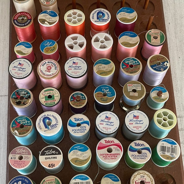 Vintage A. B. Enterprises 1975 wooden thread wall hanging / holds 60 large and 9 small spools / hands on wall / comes with thread