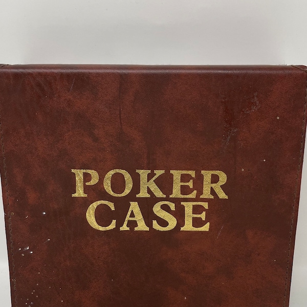 Vintage poker chip set in vinyl box / chips 50 white, 22 red, 23 blue, and room for 4 dice and 2 decks of cards (1 deck included)