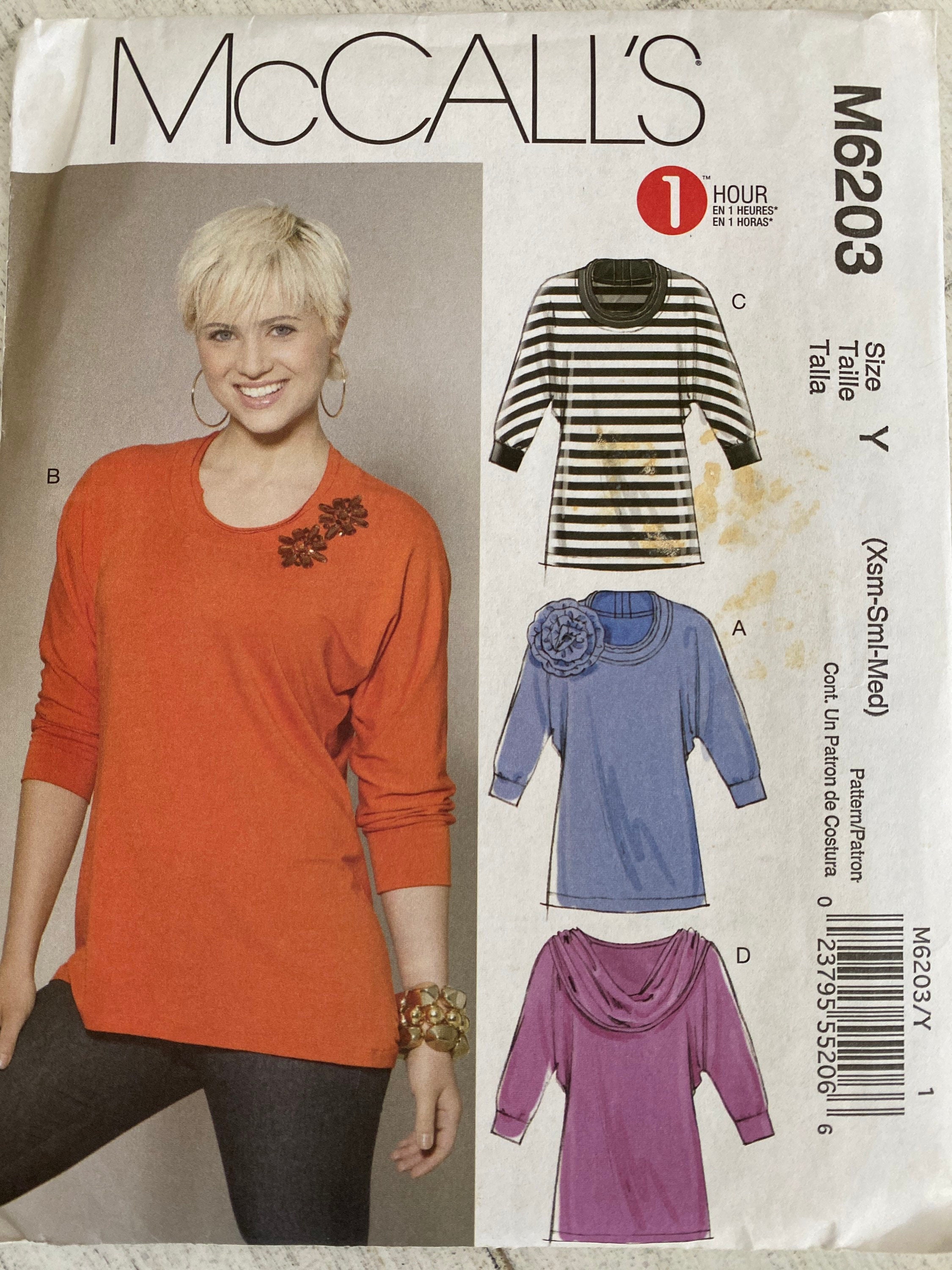 McCalls M6203 size Y pattern / 2010 / Misses Tunics / 1 hour McCall's / extra small, small, medium / Item 55206