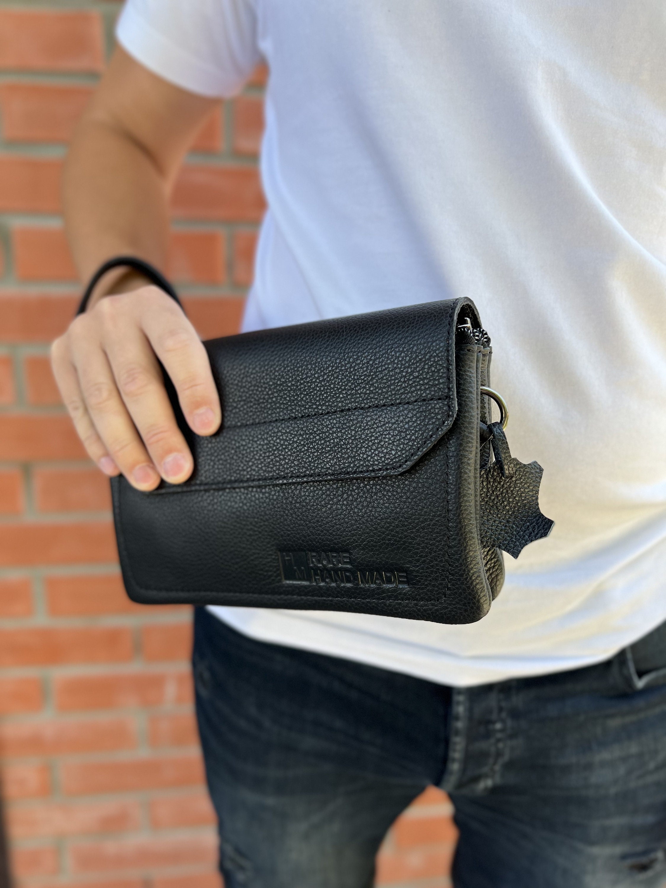 4YRBAGS Mens Wristlets Clutch Bag Genuine Leather Wallets Handbag Luxury Purses (Black)