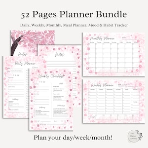 Cherry Blossom Sakura Pink Planner Printable, Daily, Weekly, Monthly, Mood Tracker,Meal Planner,Shopping List, A4,A5 Insert Organizer,Binder