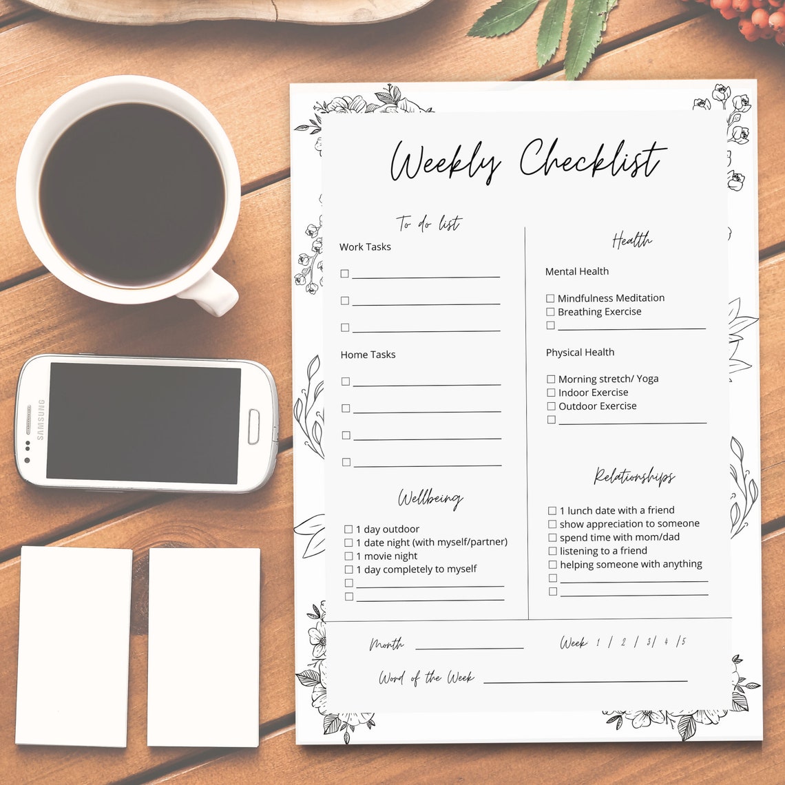 Floral B&amp;W Planner Printable Daily Weekly Monthly Mood - Etsy