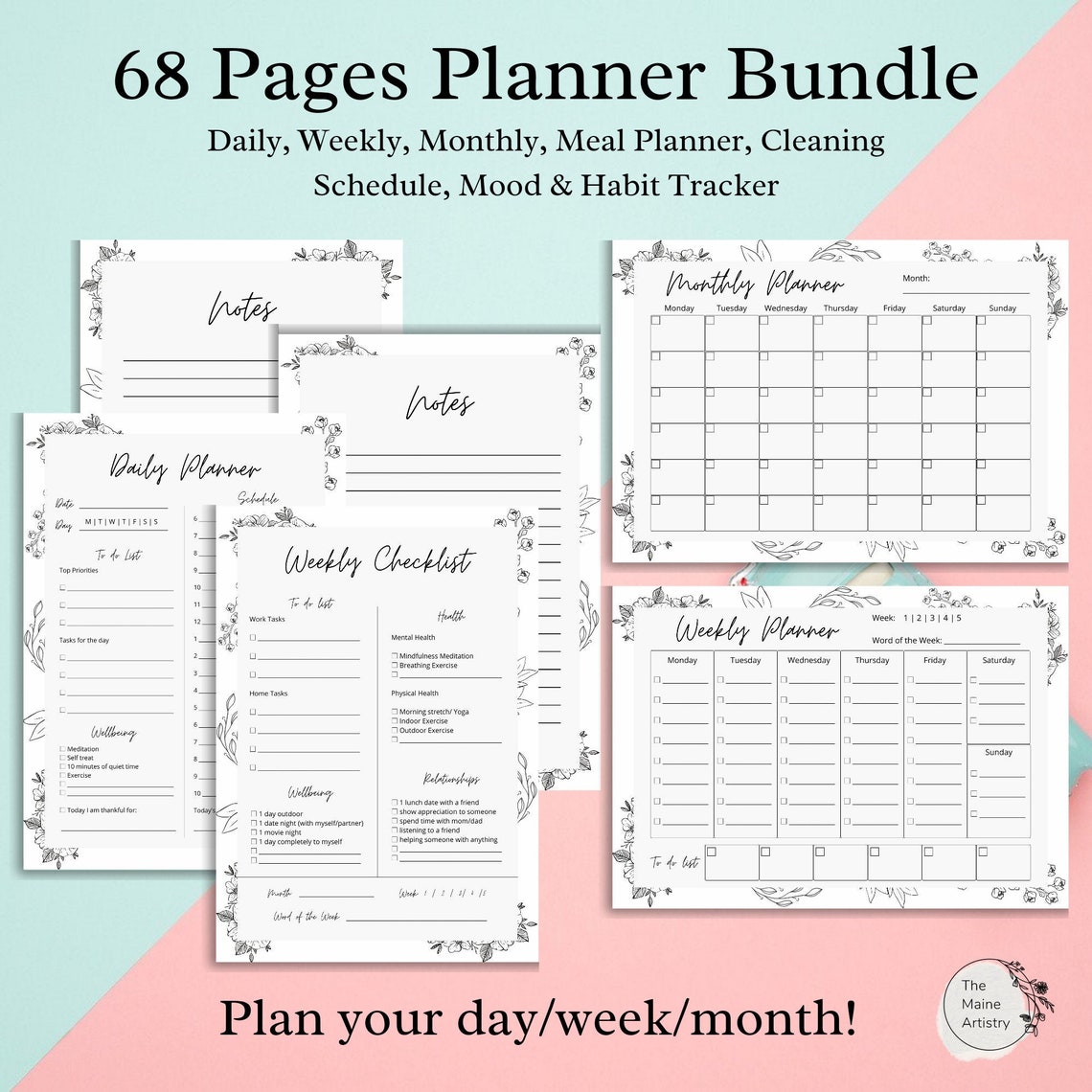 Floral B&amp;W Planner Printable Daily Weekly Monthly Mood - Etsy