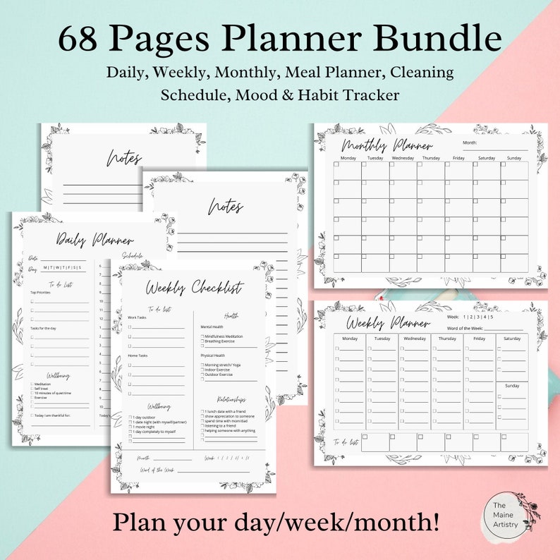Floral B&amp;W Planner Printable Daily Weekly Monthly Mood - Etsy