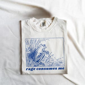 May include: White t-shirt with a blue illustration of a frog in a pond. The text "rage consumes me" is printed below the image.