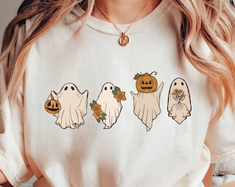 Camicia Halloween Comfort Colors, Tshirt Fantasma Floreale, T-shirt Spooky Ghost, Cute Halloween Tee, Retro Halloween Shirt, Retro Ghost Halloween