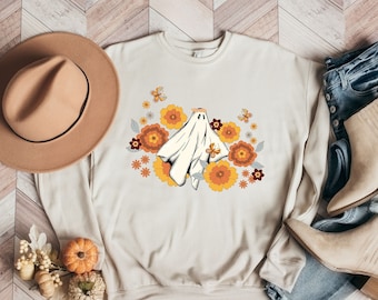 Halloween Ghost Sweatshirt, Halloween Party Shirt, Floral Ghost Shirt, Plus Size Womens Halloween Shirt, Cute Ghost, Halloween Pumpkin Gift