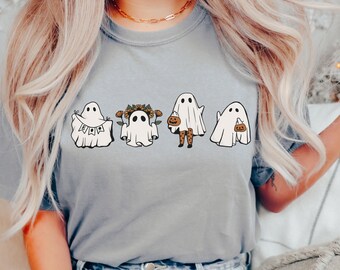Camicia Halloween Comfort Colors, Tshirt Fantasma Floreale, T-shirt Spooky Ghost, Cute Halloween Tee, Retro Halloween Shirt, Retro Ghost Halloween