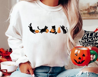 Black Cats and Pumpkin Sweatshirt, Fall Sweatshirt, Cute Black Cat Sweater, Halloween Sweatshirt, Plus size womens Halloween Sweatshirt