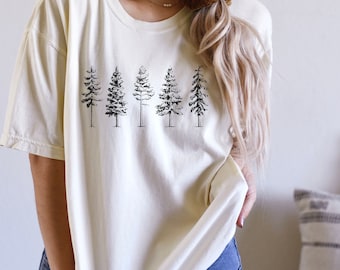 Komfort Farben Tannenbaum T-Shirt, Immergrüne Bäume, Natur Liebhaber Geschenk, Camping Shirt Wandern Shirt Rustikal Natur Crewneck Sweatshirt für Frauen