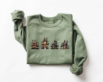 Haunted House Halloween Sweatshirt, Halloween Party Shirt, Bats Crewneck, Spooky Season Tee, Trendy weirdcore Vintage Halloween Sweatshirt