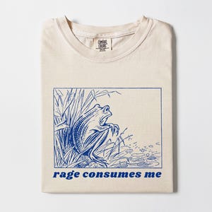 May include: A beige t-shirt with a blue illustration of a frog in a pond and the text "rage consumes me" printed on the front.