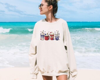 USA Flag Sweatshirt, Women's 4th of July  Coffee Sweatshirt, Womens American Flag Coffee Shirt , USA Sweatshirt, Summer Coffee Sweatshirt
