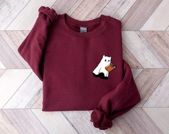 Halloween Sweatshirt, Cat Sweatshirt, Ghost cat reading, Cat Ghost Sweatshirt, Halloween Gift, Bookish Cat ghost Sweatshirt, Black Cat Shirt