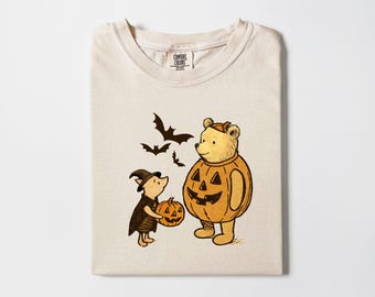 Classic Winnie the Pooh and Piglet Halloween Shirt, Cute Fall Shirt, Vintage Pooh and Piglet Fall Shirt, Cute Pooh in Pumpkin Costume Shirt