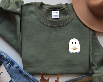 Sweat-shirt ras du cou automne, sweat-shirt fantôme mignon, sweat-shirt Halloween taille plus, épice de citrouille, sweat-shirt effrayant de saison, ras du cou automne