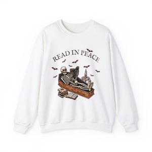 Read in Peace Sweatshirt, Skeleton Book Shirt, Skeleton Reading shirt, Book Lover Halloween,Halloween Crewneck, Bookish Halloween Sweatshirt image 7
