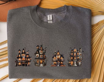 Haunted House Halloween Sweatshirt, Halloween Party Shirt, Bats Crewneck, Halloween Gift, Spooky Season Pullover, Vintage Halloween Sweater