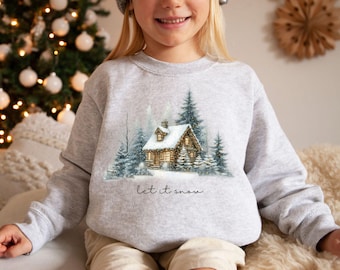 Youth Winter Cabin Sweatshirt, Cozy kids Christmas Crewneck, Family Holiday Sweatshirt, Winter Apparel, Snowy Scene, Family Vacation Outfit
