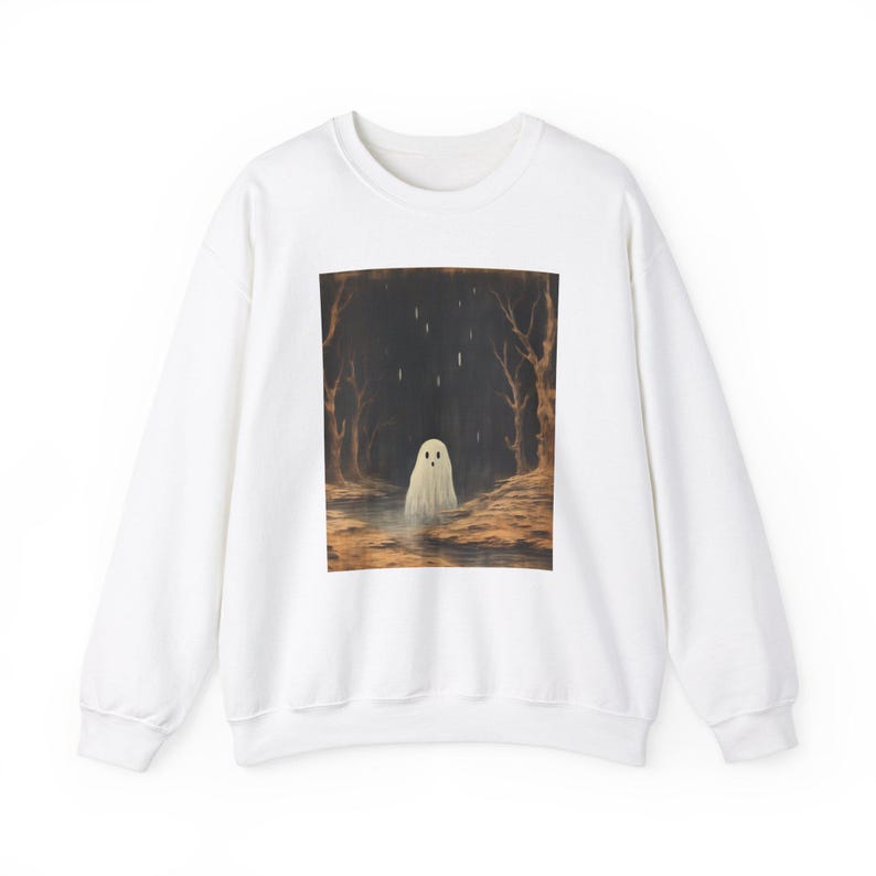 Sudadera de bosque fantasma espeluznante, suéter de temporada espeluznante, cuello redondo de fantasma de Halloween, suéter de bosque encantado, camisa de otoño espeluznante, sudadera de fantasma imagen 7