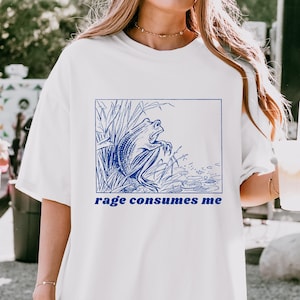 May include: White t-shirt with a blue graphic of a frog in a pond and the text "rage consumes me".