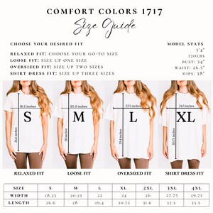 May include: Size chart for t-shirts in relaxed, loose, oversized, and shirt dress fits. The chart shows measurements in inches for width and length for sizes S, M, L, XL, 2XL, 3XL, and 4XL.