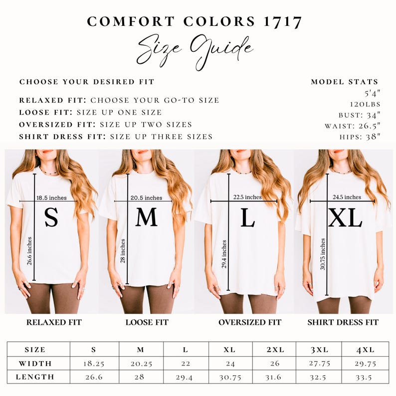 May include: Size chart for t-shirts in relaxed, loose, oversized, and shirt dress fits. The chart shows measurements in inches for width and length for sizes S, M, L, XL, 2XL, 3XL, and 4XL.