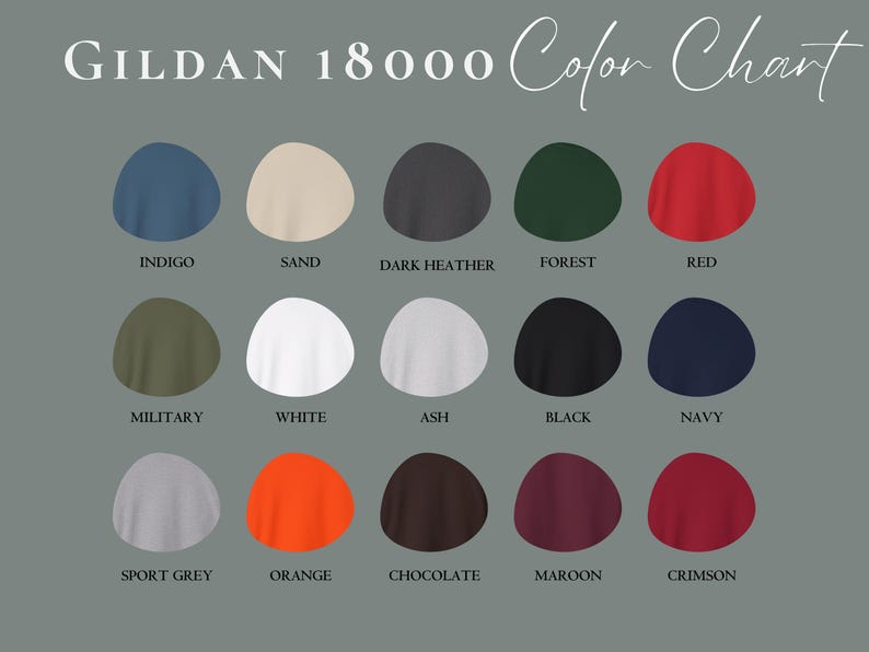 Puede incluir: Carta de colores para las camisetas Gildan 18000, que muestra 15 colores diferentes: &Iacute;ndigo, Arena, Gris oscuro jaspeado, Bosque, Rojo, Militar, Blanco, Ceniza, Negro, Azul marino, Gris deportivo, Naranja, Chocolate, Granate y Carmes&iacute;.