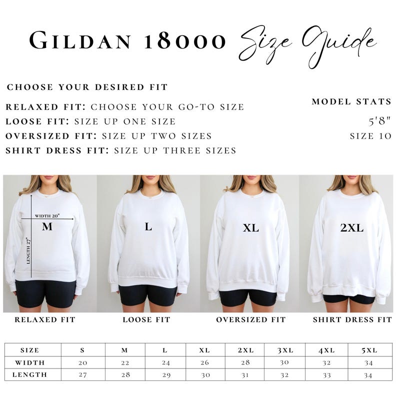 Puede incluir: Tabla de tallas para sudaderas Gildan 18000, que muestra diferentes ajustes: relajado, holgado, de gran tama&ntilde;o y vestido de camisa. La tabla incluye medidas de ancho y largo en pulgadas para las tallas S a 5XL.