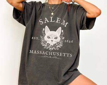 Salem Massachusetts Tshirt, Spooky Cat Graphic Unisex Vintage TShirt, Cat Lover Gift, Halloween Apparel, Salem Merch, Retro Halloween Shirt