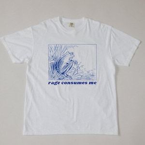 May include: White t-shirt with a blue illustration of a frog in a pond and the text "rage consumes me".