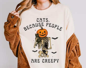 Comfort colors Halloween Graphic T-shirt, Cats & Skeleton Design, Unisex Tee for Fall, Spooky Season Apparel, Perfect Gift Cat Lovers Shirt