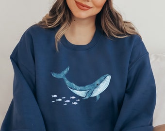 Watercolor Ocean Animals Whales Crewneck Sweatshirt, Surf Beach Swimming Ocean Sweatshirt, Conservation, Marine Biology Shark Sweater Gift.