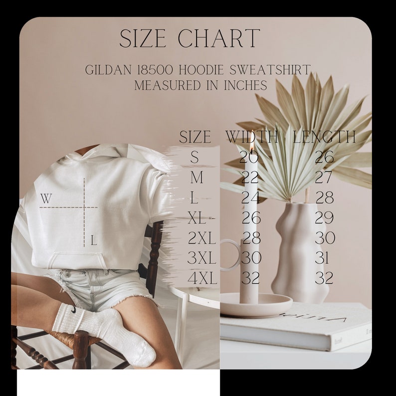 Puede incluir: Tabla de tallas para una sudadera con capucha Gildan 18500, medida en pulgadas. La tabla muestra el ancho y la longitud de la sudadera con capucha en pulgadas para las tallas S, M, L, XL, 2XL, 3XL y 4XL.