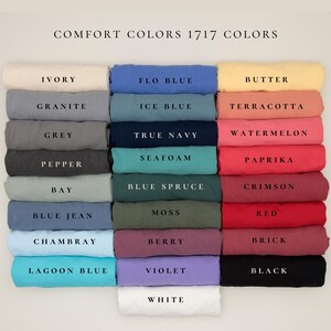May include: A color chart of 17 different colors of fabric swatches, labeled with the names of each color. The colors include ivory, flo blue, butter, granite, ice blue, terracotta, grey, true navy, watermelon, pepper, seafoam, paprika, bay, blue spruce, crimson, blue jean, moss, red, chambray, berry, brick, lagoon blue, violet, black, and white.