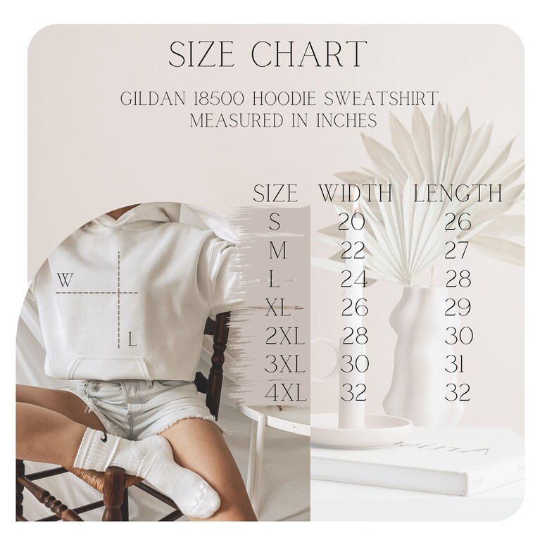May include: Size chart for a Gildan 18500 hoodie sweatshirt, measured in inches. The chart shows sizes S through 4XL with corresponding width and length measurements.