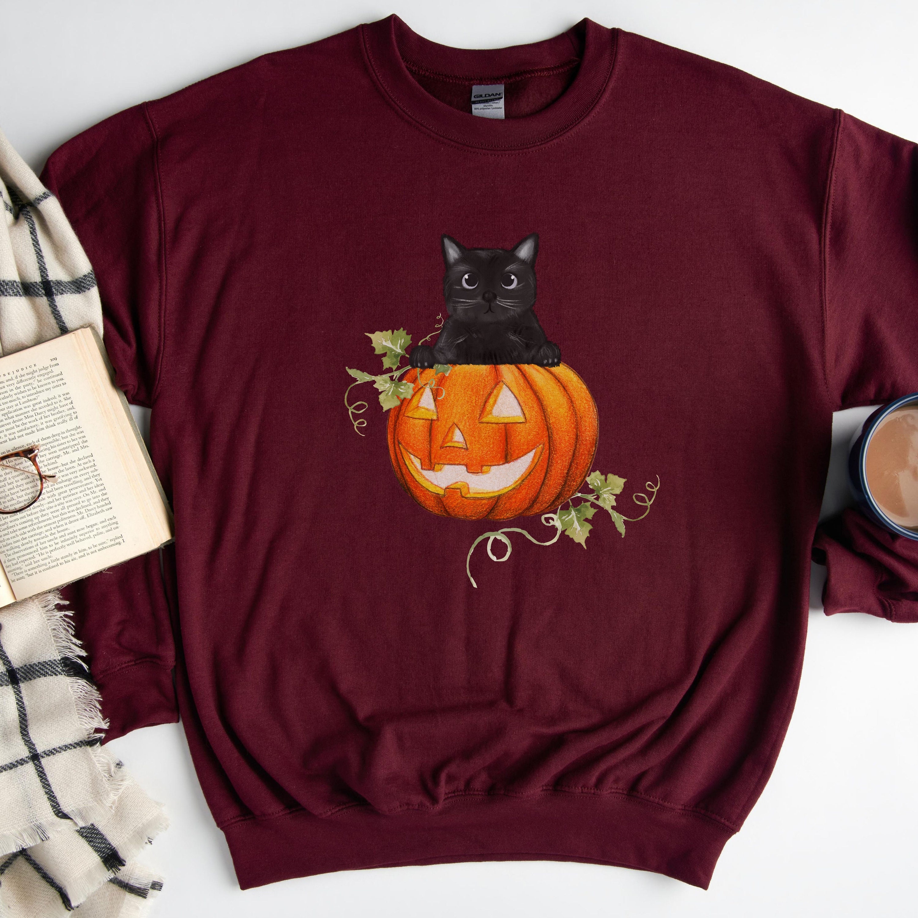 Yihaojia Halloween Cat Sweatshirt – Women's Spooky Season Crewneck Pullover With Ghost Cat & Pumpkin Design
