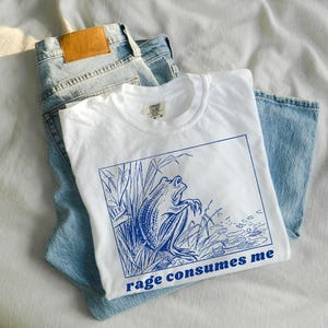 May include: White t-shirt with a blue illustration of a frog in a swamp with the text "rage consumes me".