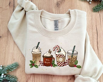 Modne Boże Narodzenie, Bluza świąteczna, Modny okrągły dekolt, Bluzy świąteczne, Sweter świąteczny, Bluza świąteczna z kawą, Sweter świąteczny