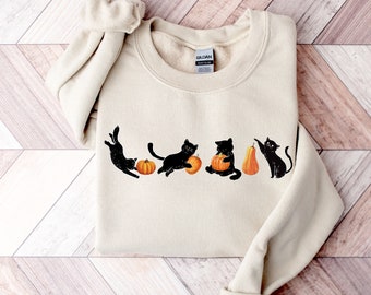 Black Cats and Pumpkin Sweatshirt, Fall Sweatshirt, Cute Black Cat Sweater, Halloween Sweatshirt, Plus size womens Halloween Sweatshirt
