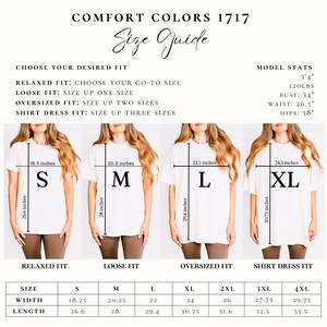 May include: Size chart for t-shirts in relaxed, loose, oversized, and shirt dress fits. The chart shows measurements in inches for width and length for sizes S, M, L, XL, 2XL, 3XL, and 4XL.