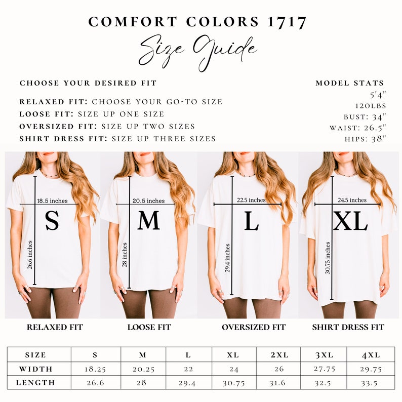 May include: Size chart for t-shirts in relaxed, loose, oversized, and shirt dress fits. The chart shows measurements in inches for width and length for sizes S, M, L, XL, 2XL, 3XL, and 4XL.