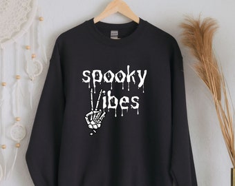 Spooky Vibes Sweatshirt, Plus Size Fall Apparel, Skeleton Peace Sign, Halloween Crewneck, Autumn Hoodie, Trick Or Treat Sweatshirt